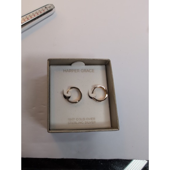 Harper Grace 18K Yellow Gold over 925‎ Sterling Small Hoops with CZ NEW - Picture 1 of 4